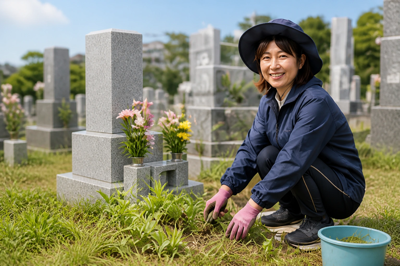墓地で手作業のお手入れをする様子