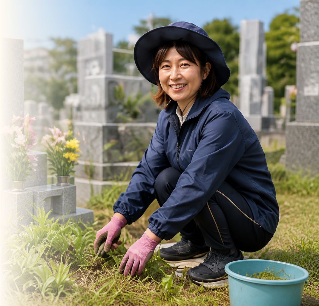 山陰の墓地で丁寧に草取りをする女性スタッフ