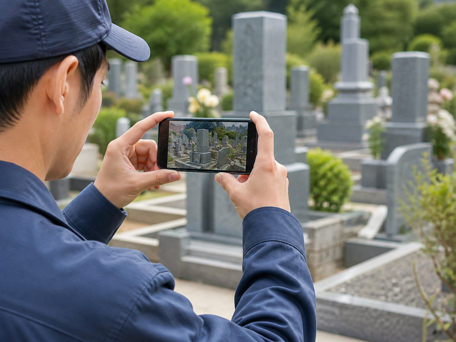 墓地で作業の様子をスマートフォン撮影するスタッフ