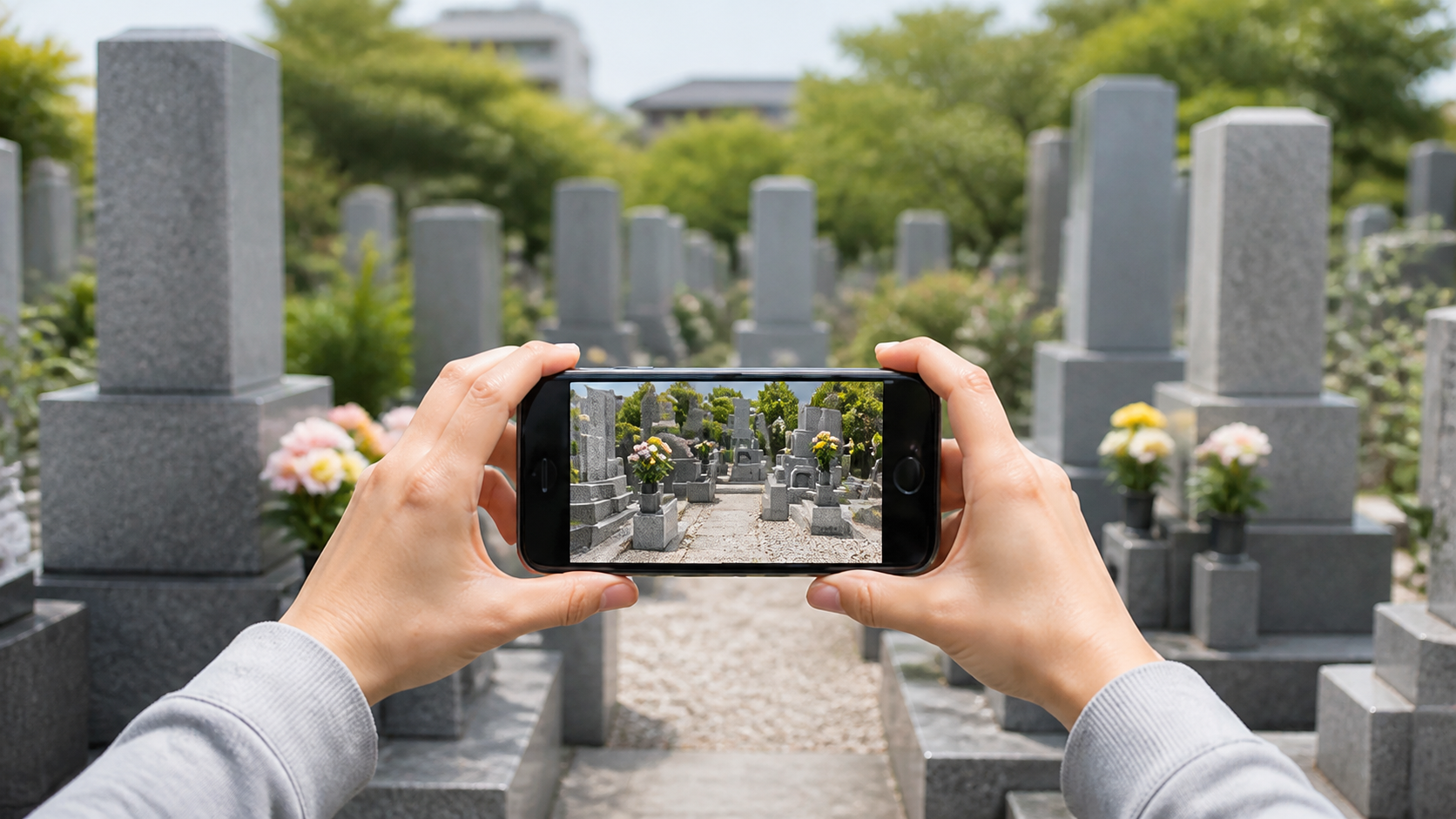 清潔な墓地をスマートフォンで撮影し、作業状況を報告する様子